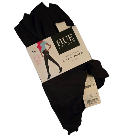 Hue Studio Womens XL Cell Phone Pocket Cotton Leggings Mid-Rise Black - Picture 1 of 3